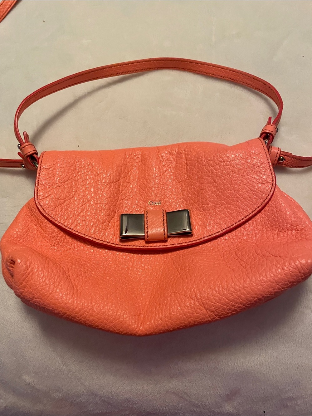 Chloe Coral Pebbled Leather Shoulder Bag with Bow Accent